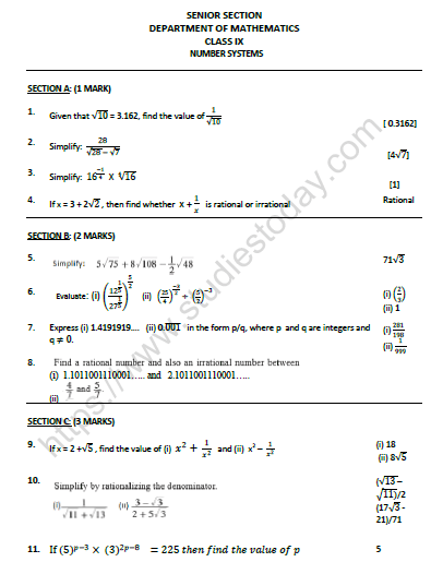 CBSE Class 9 Mathematics Number Systems Worksheet Set D